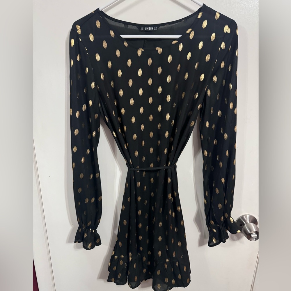 Gold Dot Belted A-Line Dress size Medium